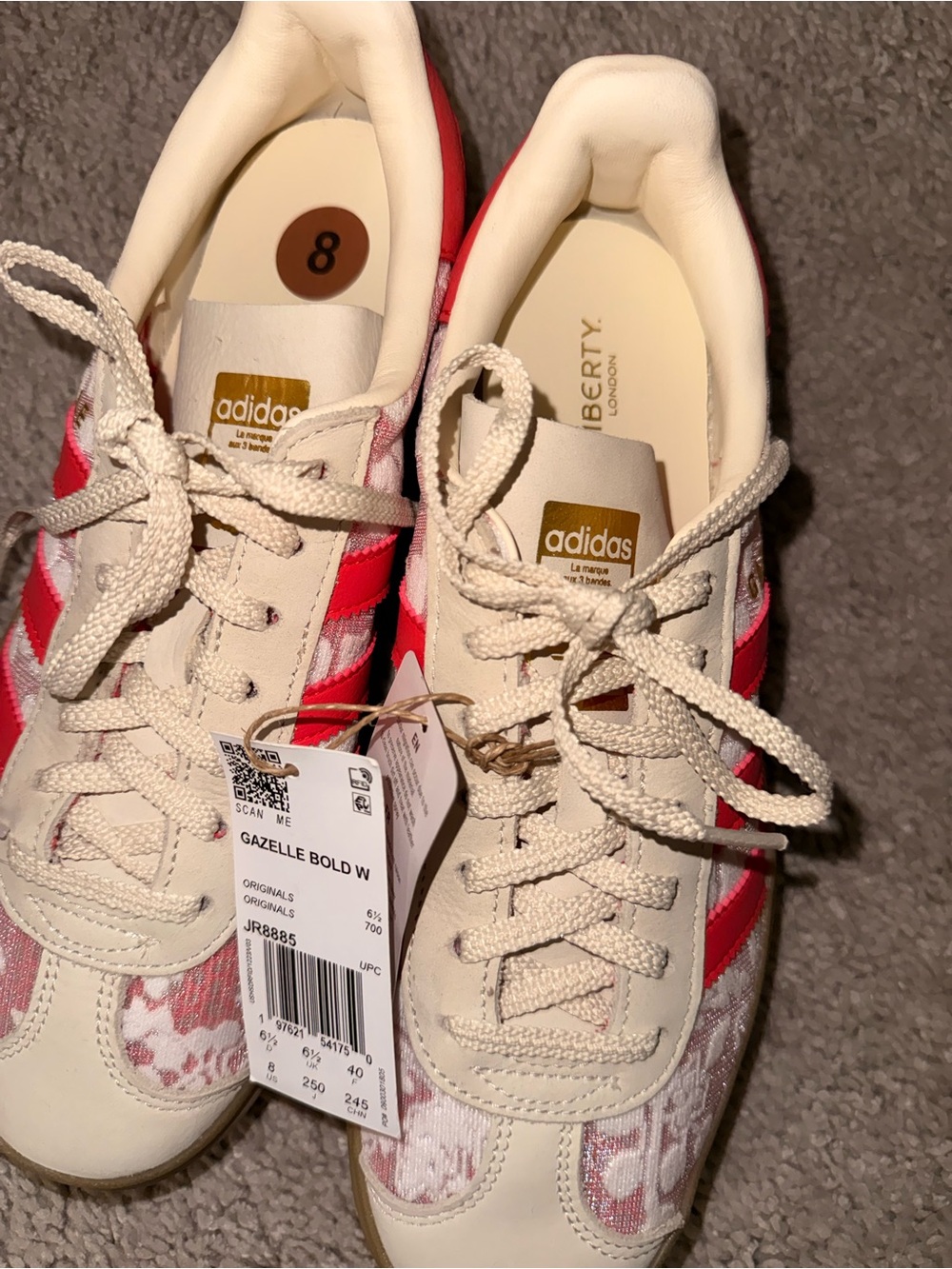 Adidas Cream & Red Patterned Low-Top Sneakers Liberty London Gazelle - Picture 5 of 9
